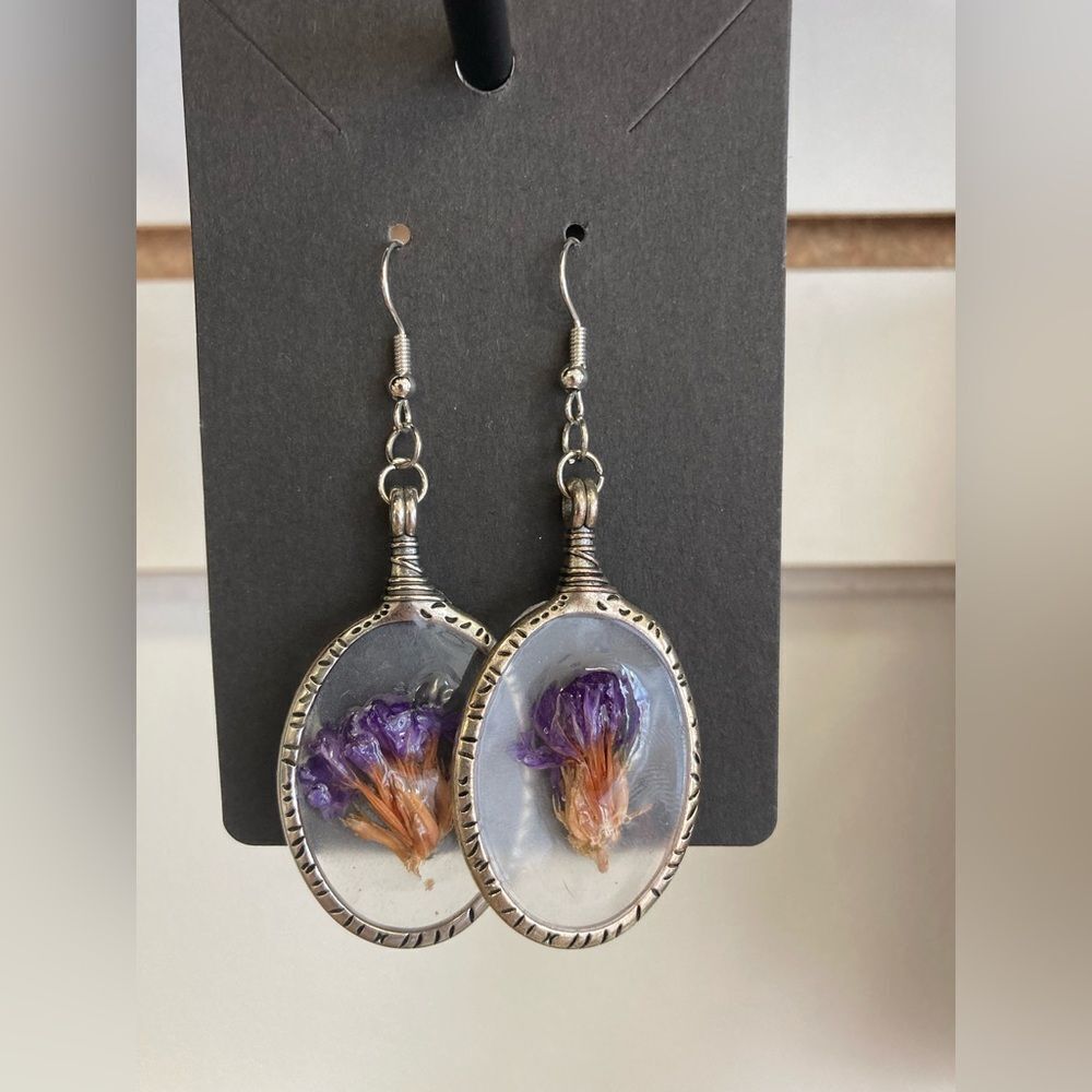 Hand Crafted Drop Earrings, Dried Forget Me Not set in a Silver Oval